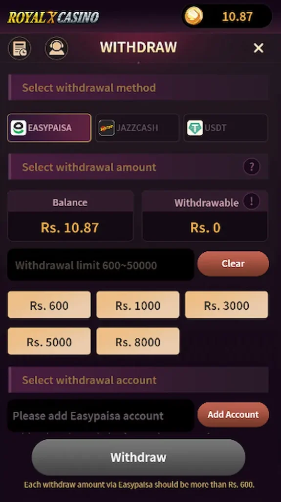 royal x casino withdrawal method